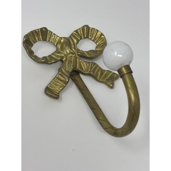 Vintage Brass Bow Wall Hook W/Porcelain Knob Wall Mount Towel Coat Towel Hang - Picture 1 of 7